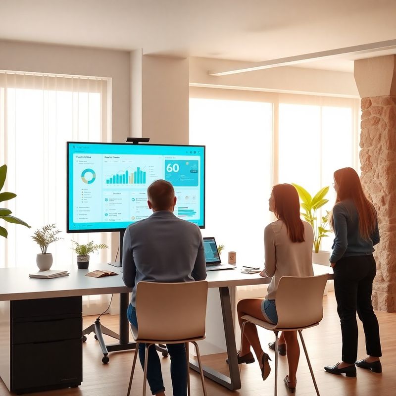 Mali tim pregledava dashboard na velikom monitoru u modernom uredu