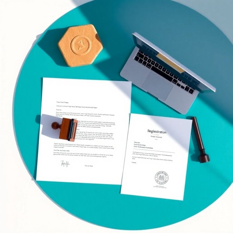 Pravni dokumenti, žig i laptop otvoren na obrascu za registraciju